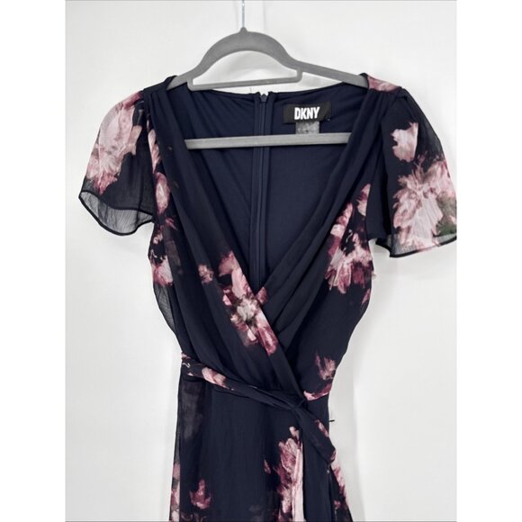 New DKNY Womens Size 8 Navy Floral Flutter-Sleeve Faux-Wrap Midi Dress $129 - Picture 6 of 12